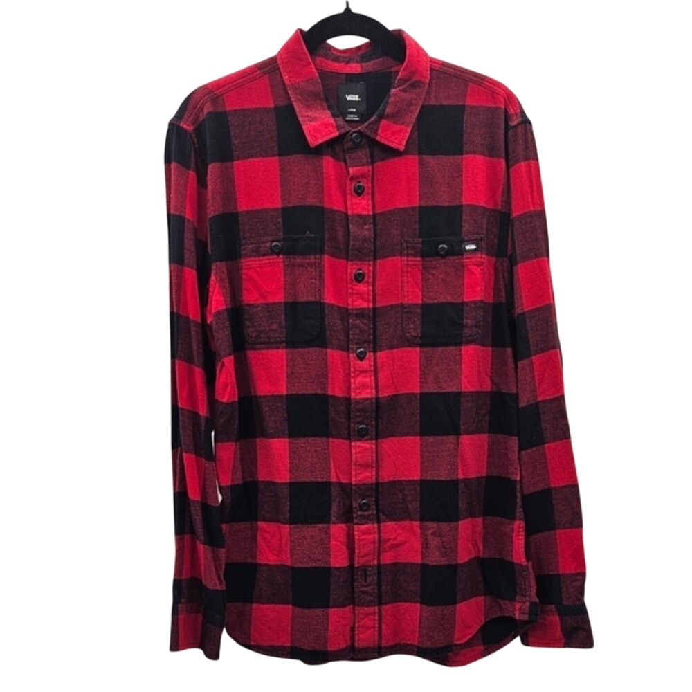Vans Mens Long Sleeve Buffalo Plaid Flannel Shirt Button Up Red Black‎